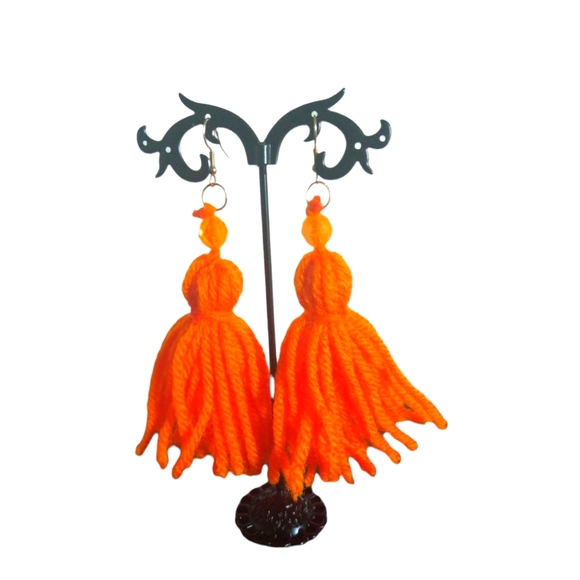 Yarn Tassel Earrings- Neon Orange - Picture 1 of 1